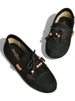 Fox Shoes Y602426202 Siyah Süet Boncuk Detaylı Günlük Kadın Ayakkabı