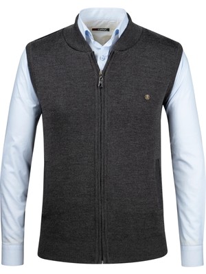 Çizgi Triko Erkek Triko Yelek Fermuarlı Cepli Çelik Örgü Triko Klasik Kalıp - 4241J