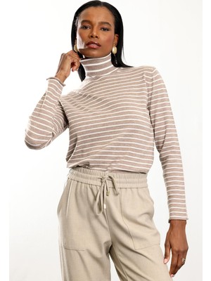 5in1Canpolat Bej Balıkçı Yaka Çizgili Triko 261002