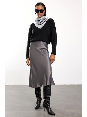 5in1Canpolat Antrasit Saten Volanlı Etek 18002