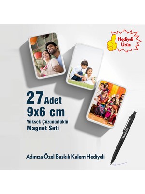 E-TrendPro Yüksek Çözünürlüklü 27 Adet 9x6 cm Kişisel Fotoğraflarla Buzdolabı Magneti, Suya Dayanıklı 27'li Kişiselleştirilmiş Fotoğraflı Magnet Seti ve Adınıza Özel Kalem Hediyeli
