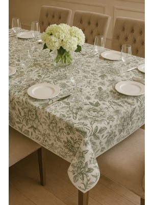 Rona Home Lüks Pamuklu Keten Dokulu Yeşil Çiçek Desenli Dikdörtgen Masa Örtüsü - Leke Tutmaz Kaliteli Kumaş