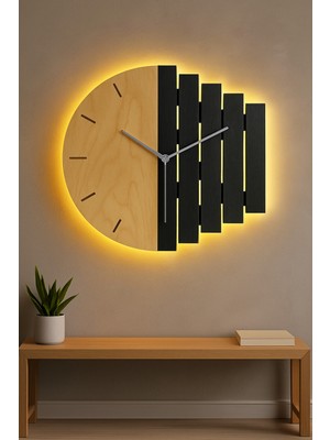 PremiumPort Modern Ahşap Asimetrik LED Duvar Saati ve Gece Lambası