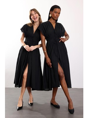 5in1Canpolat Siyah Belden Oturtmalı Vual Elbise 01418