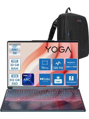 Lenovo Yoga Book 9 Intel Ultra 7 255H 32GB 512GB SSD Intel Arc 140T Gpu 2x 14" 2.8k Wqxga+ (2880X1800) OLED 750NITS Freedos Dokunmatik Taşınaiblir Bilgisayar 83KJ003DTRF09+ Yoga Pen +Zettaçanta