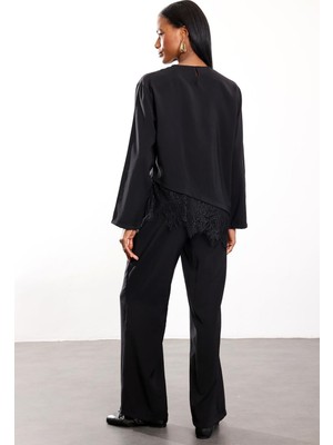 5in1Canpolat Siyah Dantel Detaylı Bluz Pantolon Takım 7308