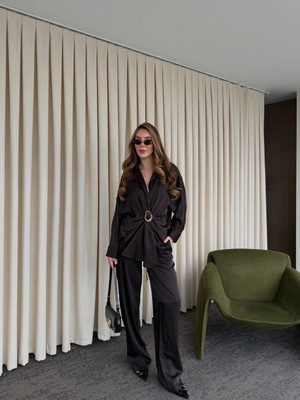 Laluvia Kahverengi Tokalı Gömlek Pantolon Takım - 51240