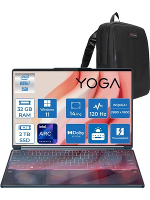 Lenovo Yoga Book 9 Intel Ultra 7 255H 32GB 2tb SSD Intel Arc 140T Gpu 2x 14" 2.8k Wqxga+ (2880X1800) OLED 750NITS Windows 11 Pro Dokunmatik Taşınaiblir Bilgisayar 83KJ003DTRP11+ Yoga Pen +Zettaçanta