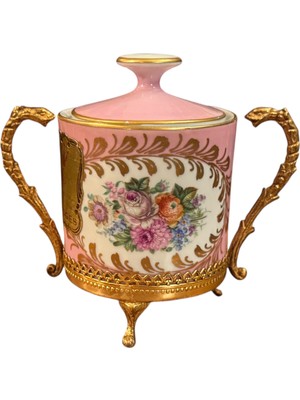 Fransız Limoges Pirinç Zarflı Poselen Şekerlik 11 cm x 13 cm Ölçülerinde