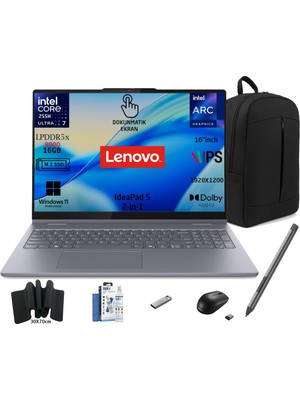 Lenovo ıdeapad 5 2 In 1 16IAL10 Intel® Core Ultra 7 255H 16GB 512GB SSD 16" Touch 83KS002ATR W11PRO Dokunmatik Bilgisayar Snertech Çanta+Mouse+Mousepad+Usbbellek+Temizlikkit