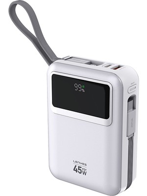 Lenyes C03-A Dijital LED Göstergeli Type-C ve Lightning Kablolu Powerbank 45W 10.000MAH Gümüş