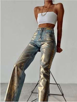 Gamze Alptekin Gümüş Varaklı Palazzo Kot Pantolon Jeans