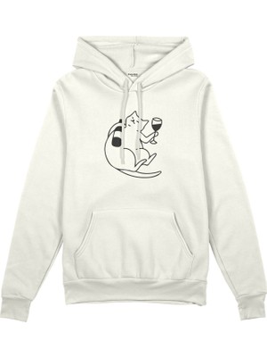 The Lucid Lab Wine Lover Cat  Oversize Hoodie - Beyaz