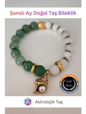 ASTRO STONES Şanslı Ay (Lucky Moon) Doğal Taş Bileklik Ay Taşı – Aventurin – Hematit ve Deniz Kabuğu Charmlı
