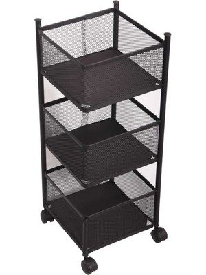 Özbience 3 Katlı Siyah Kare Tekerlekli Sebze ve Meyve Sepeti