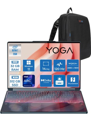 Lenovo Yoga Book 9 Intel Ultra 7 255H 16GB 512GB SSD Intel Arc 140T Gpu 2x 14" 2.8k Wqxga+ (2880X1800) OLED 750NITS Windows 11 Home Dokunmatik Taşınabilir Bilgisayar 83KJ003DTRH09+ Yoga Pen +Zettaçanta