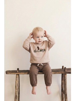 Kirpi Baskılı Sweatshirt Takım 0-5 Yaş Bej