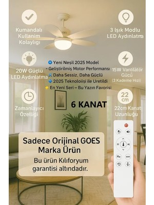 PremiumPort Sessiz 6 Kanatlı Tavan Vantilatörü, Kumandalı, Işıklı, Modern LED Aydınlatma