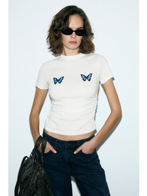 Grimelange Vunıka Kadın Yumuşak Kumaşlı Baskı Detaylı Slim Fit Beyaz T-Shirt