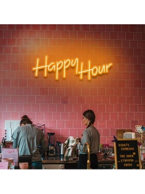 Dekoraven Happy Hour Neon Tabela | Bar Kafe Pub Dekorasyonu | LED Işıklı Duvar AYDINLATMASI(70X20CM)