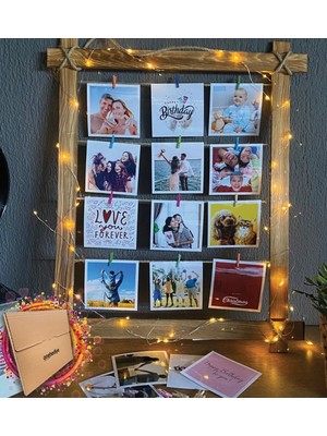 PremiumPort Kişiye Özel 12 Fotoğraflı 3 mt Peri LED Işıklı Ahşap Çerçeve