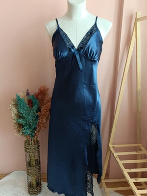 Nightlight Bianca Ip Askılı Dantel Yırtmaçlı Çeyizlik Kadın Saten Gecelik-Gece Mavisi