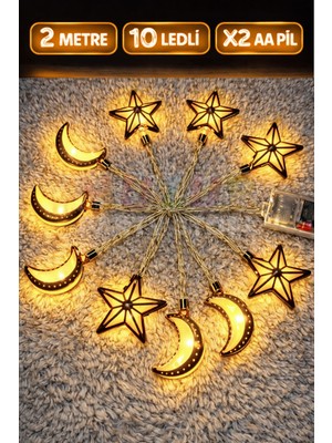 PremiumPort Ramazan Yıldız Hilal Ay LED Işık Süsü 2m Parlak Günışığı Sarı Pilli