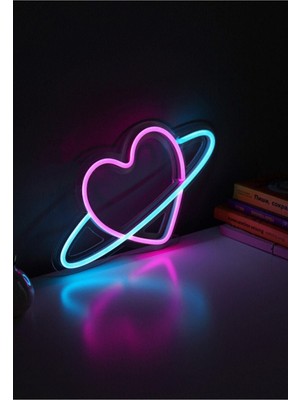 PremiumPort Kalp Gezegeni Neon LED Duvar Aydınlatması, Anahtar ile Açma, 41X23 cm