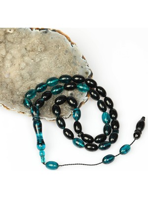 Taş Sandığı Turkuaz Rengi-Siyah Sıkma Kehribar Tesbih (7×11 Mm)