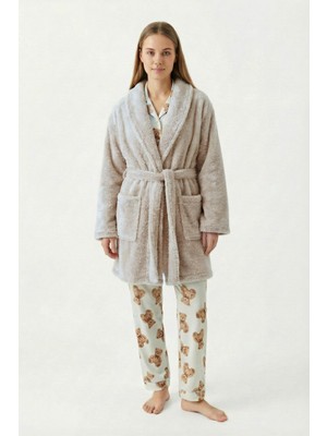 Sevim Şal Yaka Wellsoft Sabahlık & Peluş Bornoz-Yumuşak, Polar Unisex Sabahlık-Bej