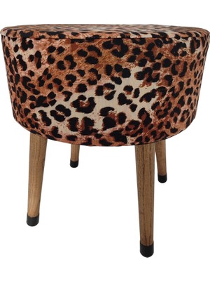 Ustaagac Leopar Desenli El Yapımı Puf – Ahşap Ayaklı Dekoratif Oturma Taburesi