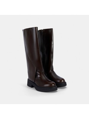 Desa Kadın Kahve Deri Çizme Katlama Detaylı 4,5 cm Topuklu Rahat Ayakkabı