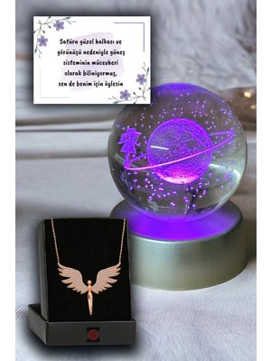 PremiumPort Renk Değiştiren LED Işıklı Cam Satürn Kristal Top ve Melek Kolye