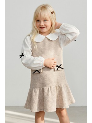 Magu Kız Çocuk Pamuklu Bej Gömlek Yaka Elbiseli 2 Parça Elbise