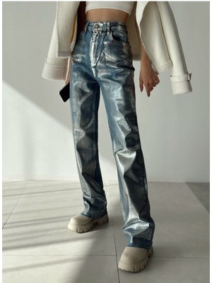 Gamze Alptekin Gümüş Varaklı Palazzo Kot Pantolon Jeans