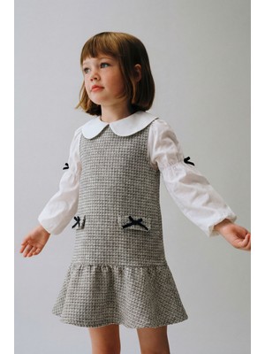 Magu Kız Çocuk Pamuklu Gri Gömlek Yaka Elbiseli 2 Parça Elbise