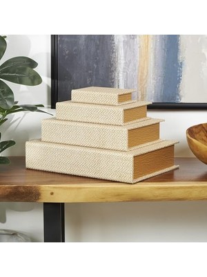 Deco 79 Kumaş Dekoratif Kutu Chevron Desenli Sahte Kitap Saklama Kitabı Şekilli Kutular Krem Vurgulu, 4'lü Dekoratif Hatıra Kutusu Seti 38,1 Cm, 30,4 Cm, 9 Cm, 15,2 cm Y, Bej