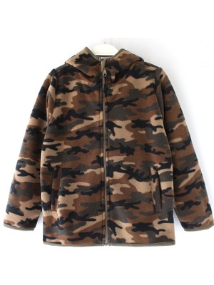 DobaKids Fermuarlı Kamuflaj Unisex Kapüşonlu Çocuk Kalın Polar Ceket Asker Desenli Çocuk Polar Ceket Zip