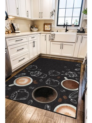 Ela Home Modern Siyah Mutfak Halısı Kaymaz Taban Yıkanabilir Coffee