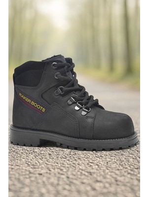Rakerplus Hakiki Deri Siyah Fermuarlı Kürklü Çocuk Bot