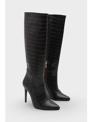 LOJO Kadın Sivri Burunlu Topuklu Yandan Fermuarlı Günlük Çizme Masi Kahve Kroko