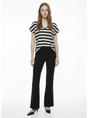 Fabrika Siyah Kadın Regular Fit Çizgili T-Shirt F6SL-TST0354