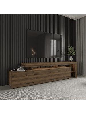 PremiumPort Modern LED Işıklı 3 Kapaklı ve Raflı 192 cm Tv Sehpası - Antik Ceviz