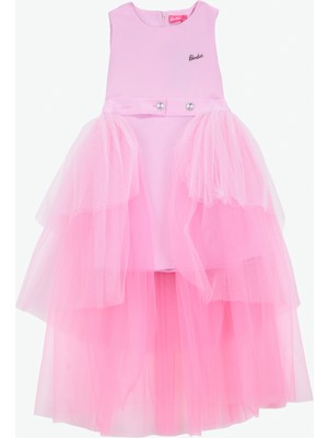 Barbie Kız Çocuk Abiye Elbise Düz Pembe Rahat Silüet Özel Olaylar İçin Şık Tasarım BRB6SG-ELB6523