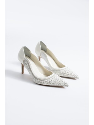 Ruxene Amara Inci ve Taş Işlemeli 7 cm Topuklu Gelin Ayakkabısı