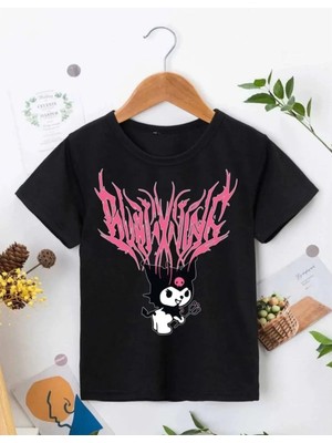 Kız Çocuk Bisiklet Yaka Baskılı T-Shirt - Siyah