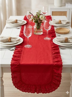 Nurgita Home Fırfırlı Fistolu Vintage Kırmızı Duck Keten Runner &yılbaşı Dekoratif Örtü