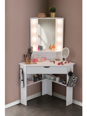 PremiumPort Şık LED Işıklı Aynalı Köşe Makyaj Masası, Çekmeceli ve Modern Tasarım