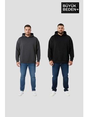 Superlife Erkek Büyük Beden 2' Li Set Kapşonlu Kollar ve Etek Ribanalı Ince Swatshırt SPR26BSW957+2