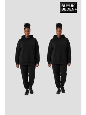 Superlife Kadın Büyük Beden 2' Li Set Kapşonlu Kollar ve Etek Ribanalı Ince Swatshırt SPR26BSWK957+2